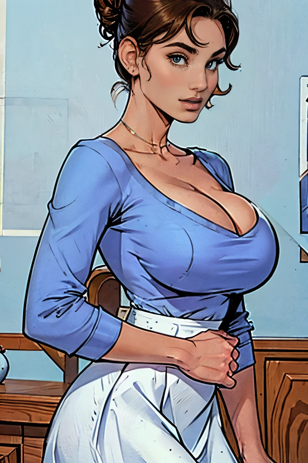 Gorgeous and sultry busty athletic (happy) brunette with sharp facial features, athletic bun, large breasts and a (large nose) wearing a loose light blue top, low-cut wide neck, loose sleeves, white skirt