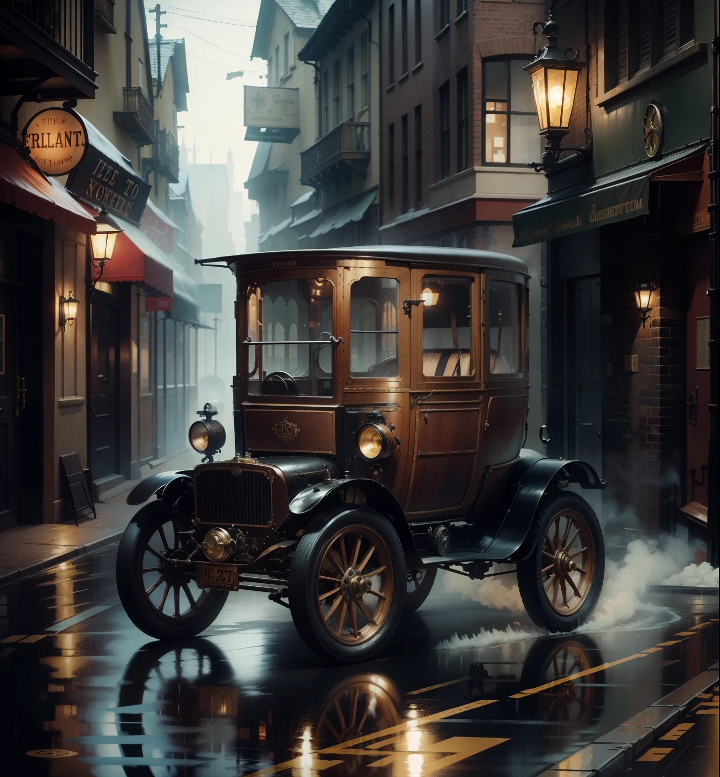 A Steampunk vintage car in a steampunk London 1890 street wet and fog the buildings and cars are stempunk style