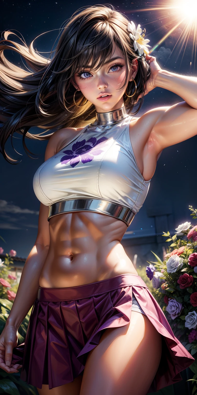 realistic, 1girl, hair round big . slightly muscular body, hot sexy body, white, purple eyes, shining eyes, crop top, skirt, open lips, blush, night, flowers, sun, sunshine,