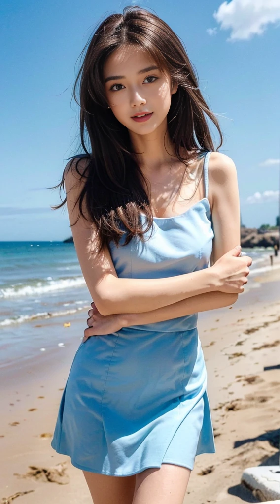 ((Best picture quality, 8K, tmasterpiece: 1.3)), self-shot, Sharp focus: 1.2, A cute beauty with a perfect figure: 1.4, Slim, ((Brown hair black)) , (whitet-shirt，pleatedskirt，Highly detailed face，Happy expression，standing on your feet：1.2），（（with blue sky and white clouds，Beach by the sea：1.3. Produced with a major focus on women）），Highly detailed facial and skin texture，Detailed eyes，double eyelid
