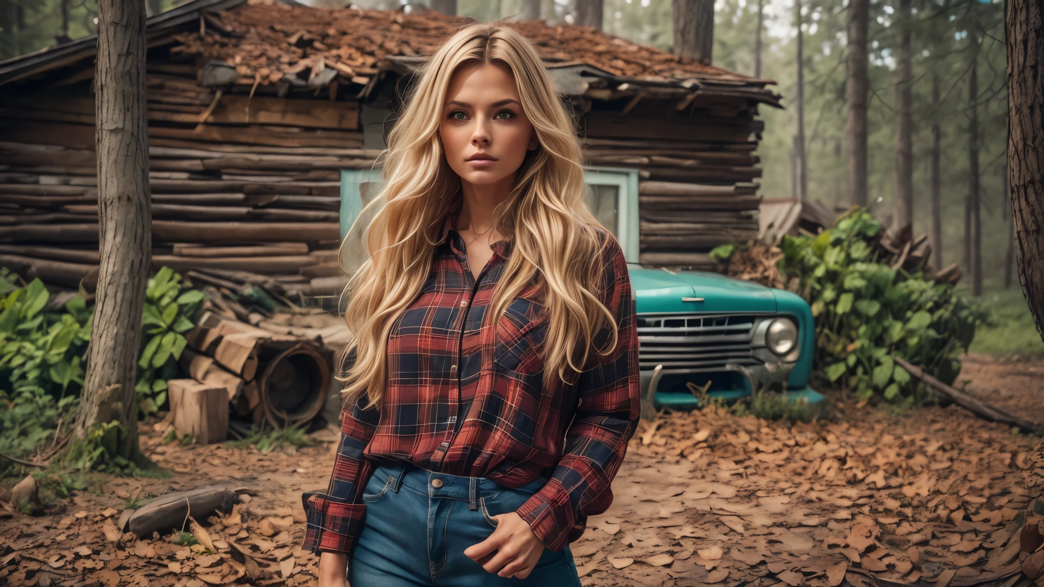 cabin in the woods, front porch, wood pile, rusty truck on cinderblocks, dense trees, dark woods, Beautiful woman, plaid long-sleeved flannel shirt, long wavy blonde hair, 