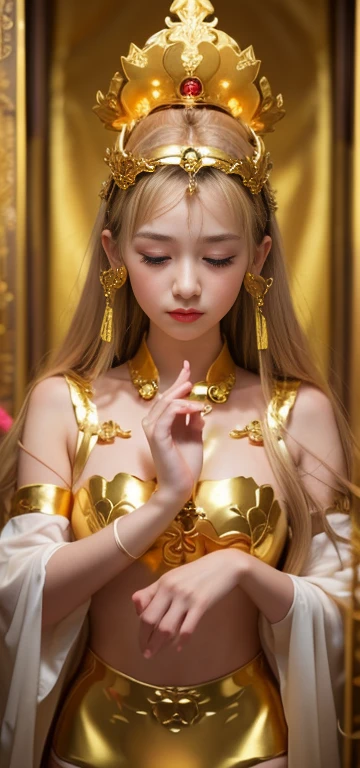 One Girl、highest quality、masterpiece、超A high resolution、(Photorealistic:1.4)、RAW Photos、god々々、(The face of a beautiful 15 year old girl)、Straight Long Hair、Glowing Skin、dramatic、(Golden See-Through Micro Bikini、(Golden transparent fluttering robe)、(Golden Buddha Statue)、(Golden Kannon Bodhisattva)、((Little golden tiara))、(pray)(whole body立ち)、((Delicate fingers、Delicate hands))、(Delicate feet)、(Big ample breasts、Beautifully raised bust)、(Rocket Boobs)、((Golden Garter Stockings))、((黄金の古代ギリシャgod殿))(Golden wall decorated with gold)、(Blur the background)、(One breast is visible、I can see a big areola、 stand)、(Woman praying)、(pray with Your Hands Together)、whole body、Are standing、pray with Your Hands Together、Delicate face、Delicate hands、Delicate feet、Anatomy Body、welcome、