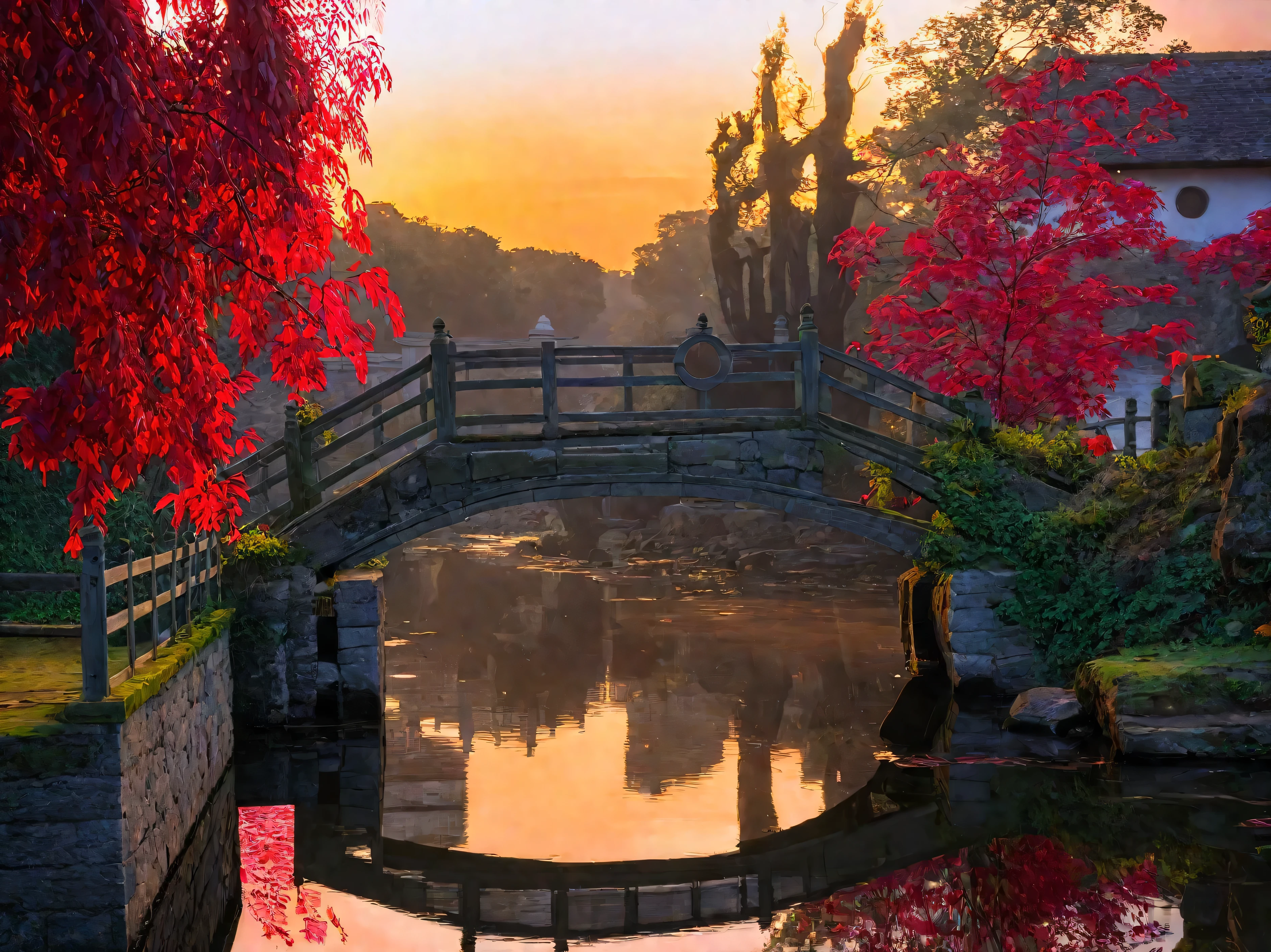 Red Leaves,Small bridge,Red leaves,autumn,sunrise,beautiful reflexions,8k,raw,Detailed Details