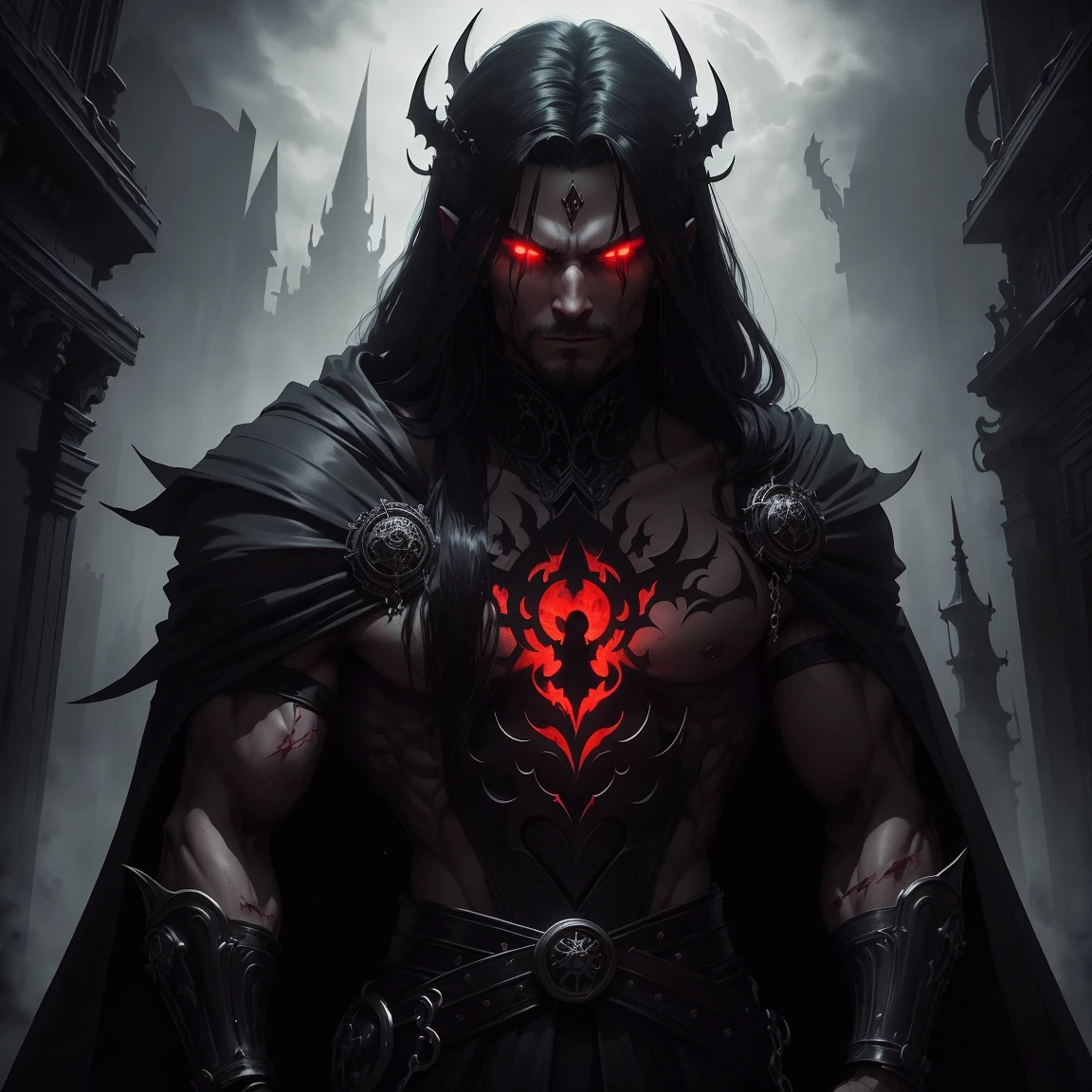 Muscular black male evil overlord, long, flowing black hair, Black and red cloak, Sharp red eyes, Menacing look, Powerful aura, Standing in a dimly lit room,, cast an eerie shadow, , Decorated with intricate details, With a creepy smile, Gives off a dark aura, With an intimidating presence, In a Gothic castle, Hall々Architecture, Shrouded in fog, Under the blood red moon, A storm is looming in the background, create an ominous atmosphere, Reminiscent of the cover of a dark fantasy novel, With dramatic lighting, Emphasize the contrast between light and shadow, Evoke a sense of mystery and danger, Infused with supernatural elements and fascinating artistry."