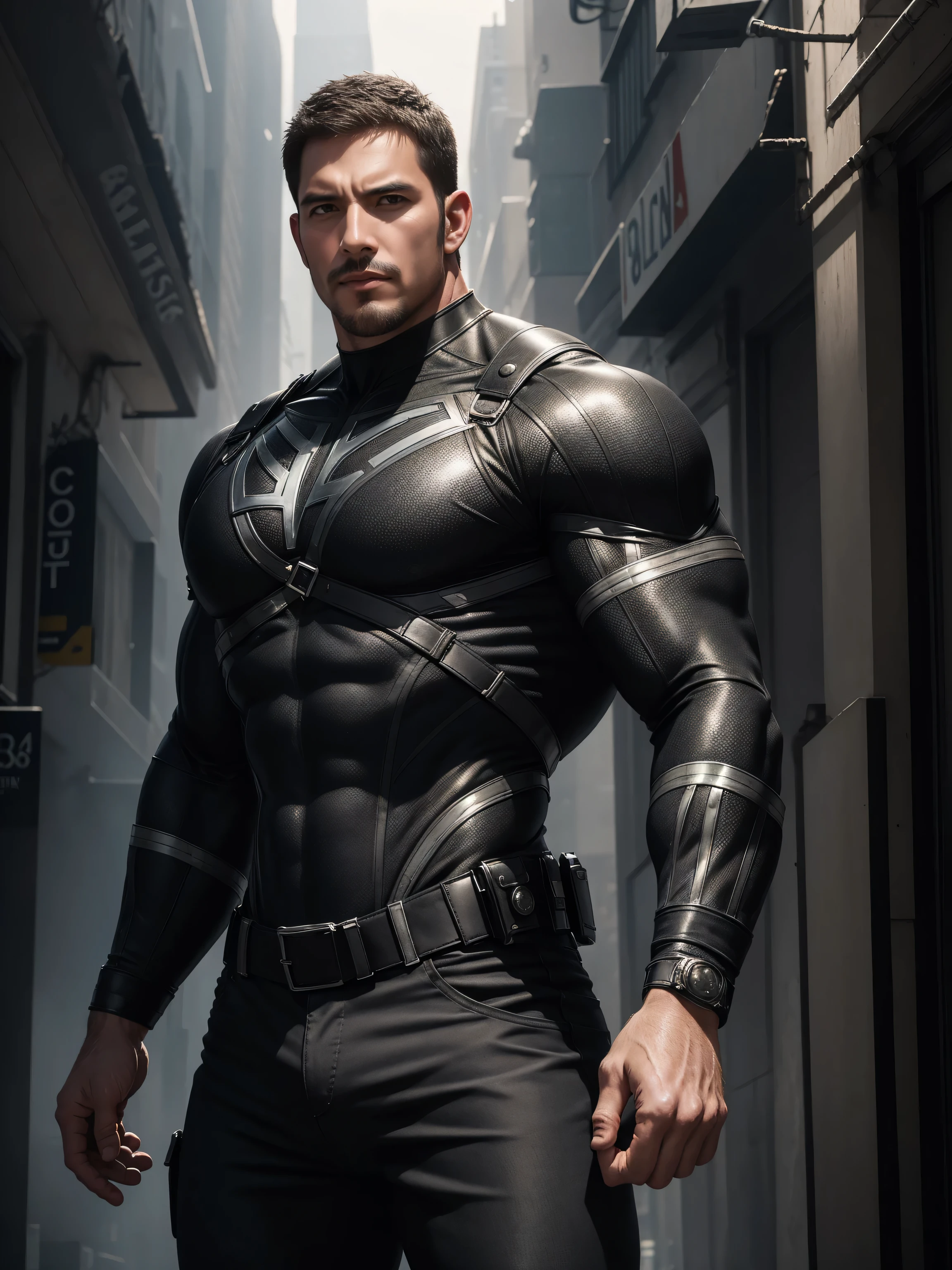 One Tall giant muscular police officer,  Buzz Cut，On the old-style outdoor streets, Wear long-sleeved grey-brown superhero Black Panther bodysuit, White denim fabric texture，The expression is arrogant, Lift your chin, Messy hair, Thick thighs, High Neck Long Sleeve Gray Brown Superhero Bodysuit, very tight, Regular symmetrical pattern, Highlight muscles, Police uniform pants, character concept（Resident Evil - Chris Redfield, Chris Redfield）A proud expression, Deep and charming eyes, Heroic male pose, tall Burly, muscular！muscular thighs, tough guy, perfect facial features, High, Burly, Heqiang, Super polished and cool, High Resolution Committee, Charismatic, The sun is blazing, dazzling