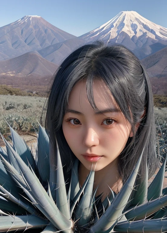 Close-up photo of a Japanese woman holding an agave, Mountainous Regions,Gray Hair