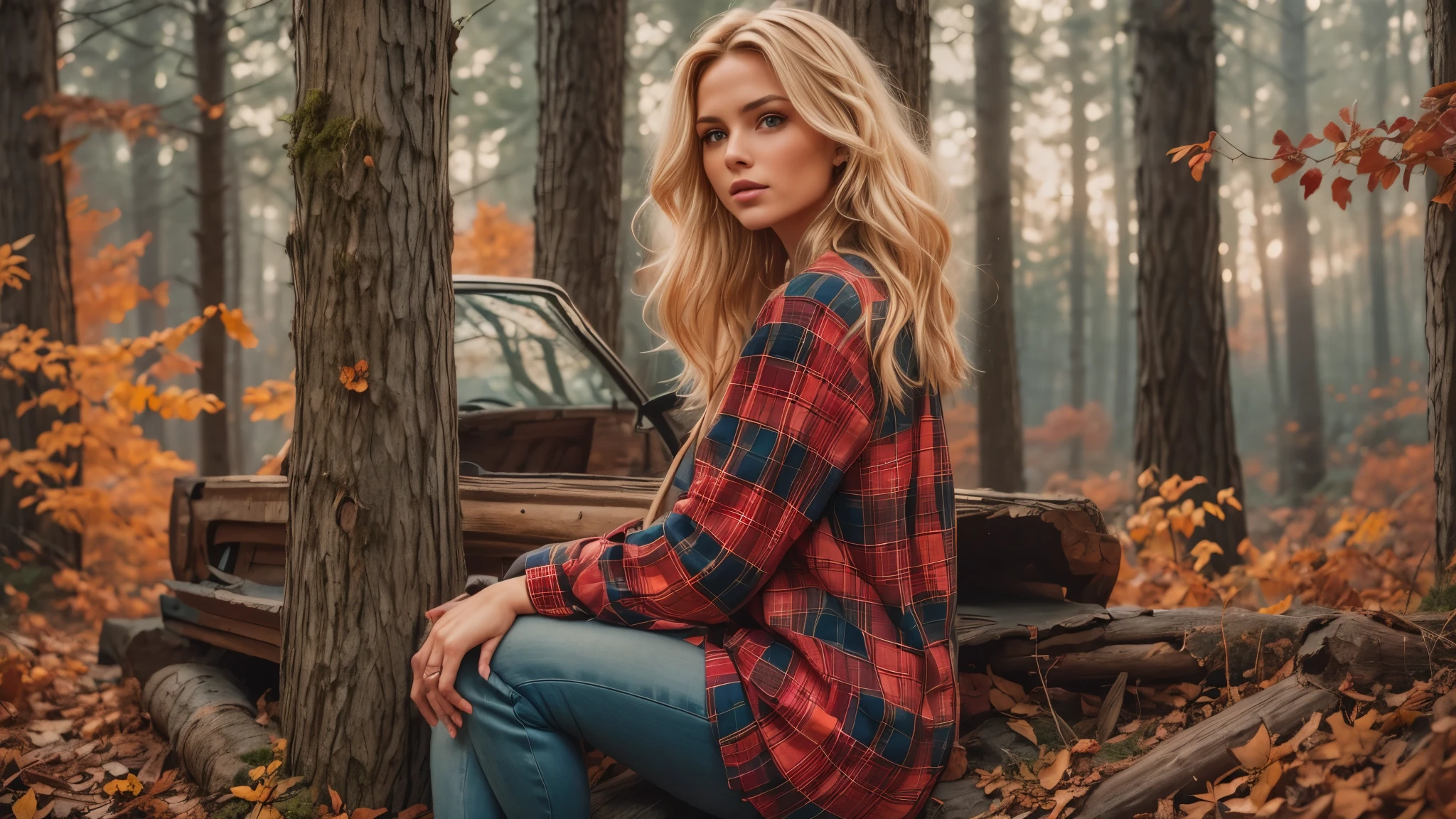 cabin in the woods, front porch, wood pile, rusty truck on cinderblocks, dense trees, dark woods, Beautiful woman, plaid long-sleeved flannel shirt, long wavy blonde hair, 