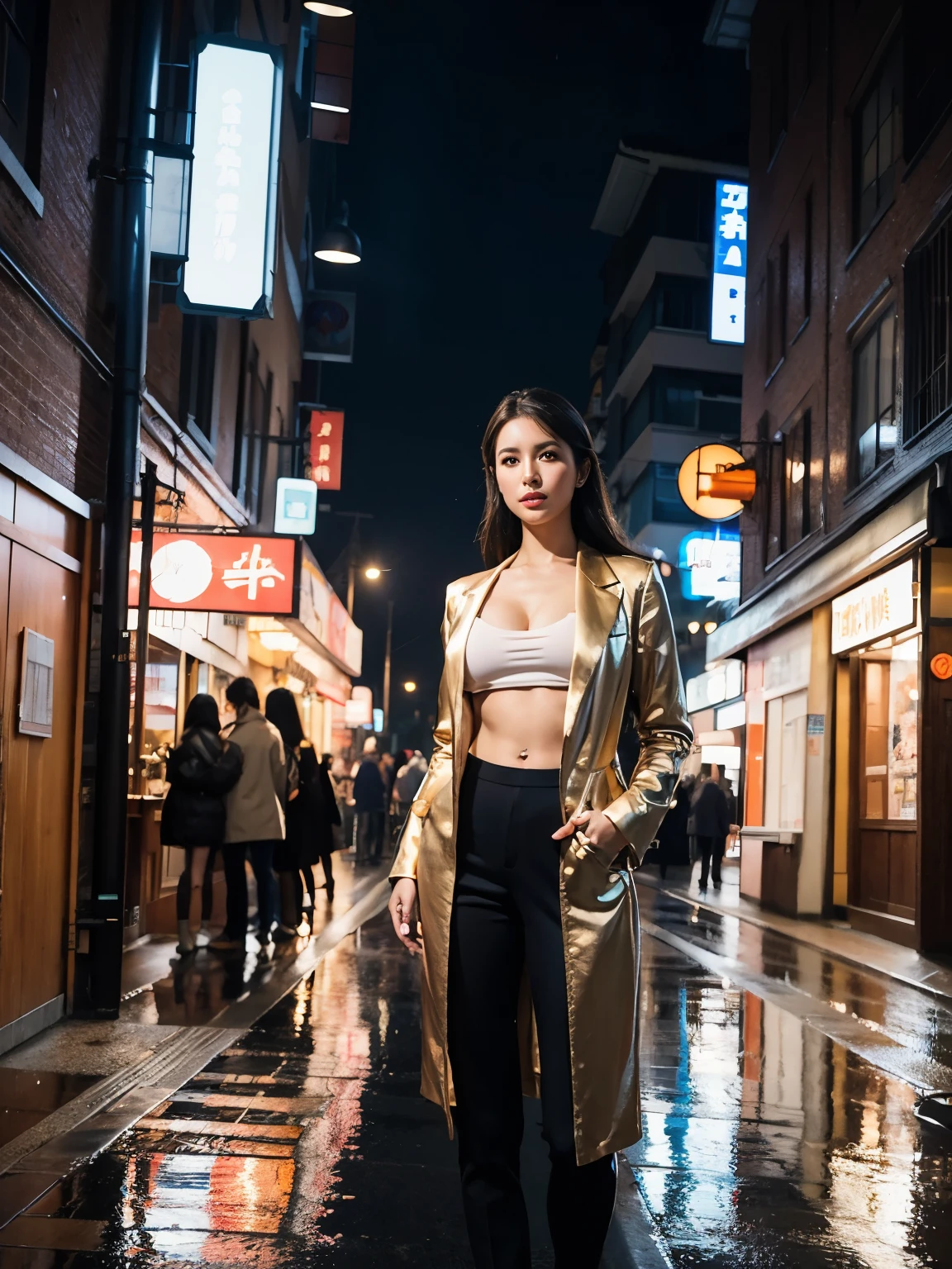 (masterpiece、high resolution,high quality),Beautiful and realistic Japan people、Rainy night,city,The bustling streets of Gintama、A beautiful woman with gal makeup wearing a sports suit, Surrounded by sellers, Stunning Goddess Beautiful Girl, Beautifully detailed face, Beautiful Skin, Full Body Shot, Centered, Super soft lighting, Symmetric, complicated, elegant, Very detailed, Realistic, Art Station, Concept Art, Smooth, The world created by Greg Rutkowski and Boris Vallejo, artistic, Trendy style、Professional photos、