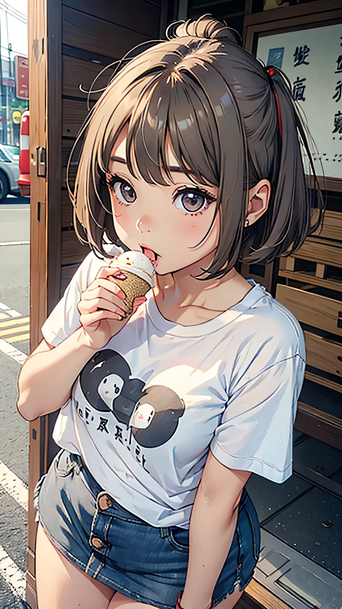 highest quality、Realistic、female、Japanese、zoom、cute、Gray Eyes、Chestnut Hair、short hair、Large white T-shirt、mini skirt、Plump、Thick、Eat ice cream