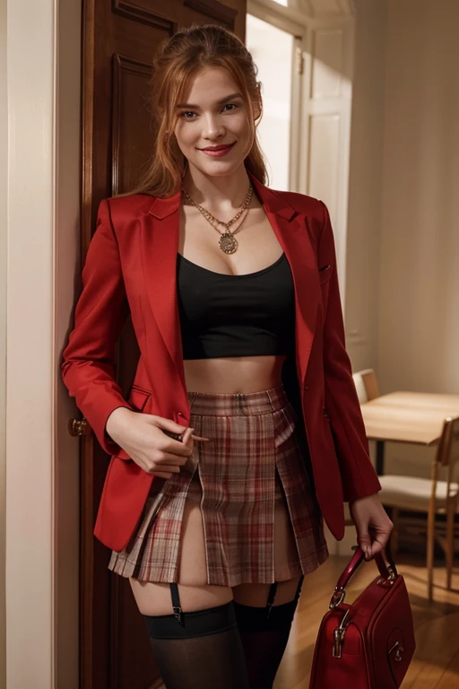 Freya Ridings with her hair tied up dressed in a red blazer with a skirt and stockings wearing a diamond necklace holding a Gucci bag smiling