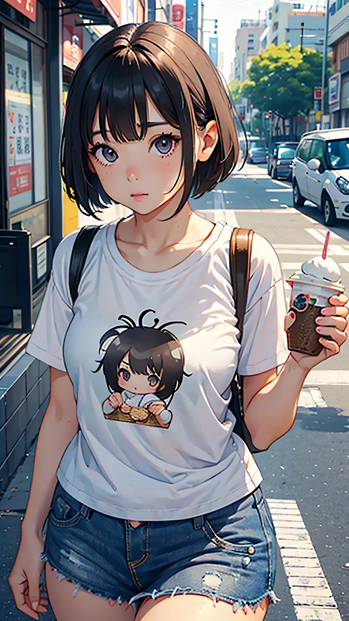 highest quality、Realistic、female、Japanese、zoom、cute、Gray Eyes、Chestnut Hair、short hair、Large white T-shirt、mini skirt、Plump、Thick、Eat ice cream
