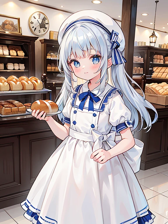 masterpiece, highest quality, Very detailed, 16k, Ultra-high resolution, , Detailed face, blue eyes, Silver Hair, Bun Hair, White Hat, White workwear, France, bakery, Inside the store, There are countless breads around, Carrying bread with both hands