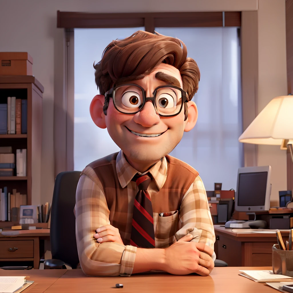 a middle-aged man,brown hair,individual,sitting in office