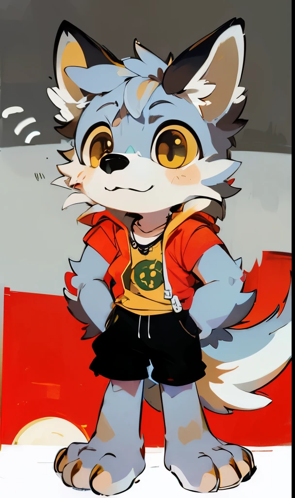 , high resolution, high definition, 4k, ((masterpiece)), shaggy, boy, Ultra-clear 4K fanart, Furry, Bright eyesFurry tail,Slightly sentimental,canid,solo person,Wear casual attire, (((yellow eyes))), black pants, necklace sun and moon, cute face, cute eyes,