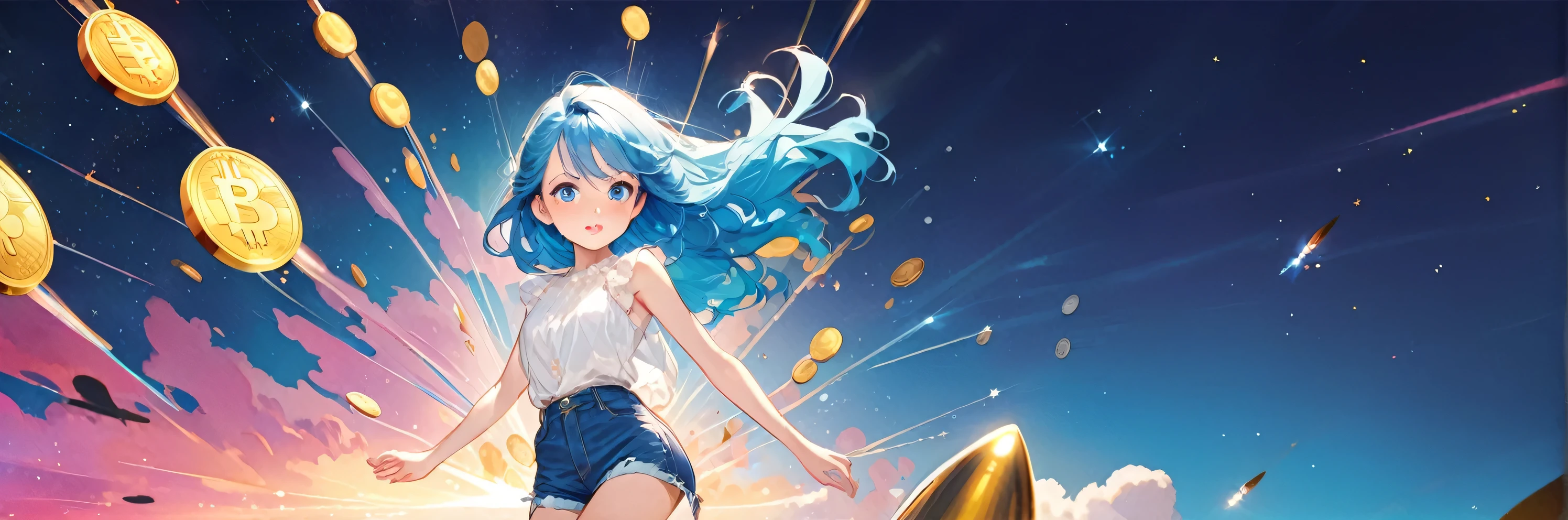 Beautiful woman with long blue hair、Glossy pink lips、She is a cryptocurrency trader、White blouse and denim hot pants、Embarrassed expression、Don't forget to smile、Serious look、The background is dotted with virtual currency.、I see a rocket heading for the moon、(shimmering, shining clothes, shining eyes) There is a dynamic and shining illustration like pixiv.