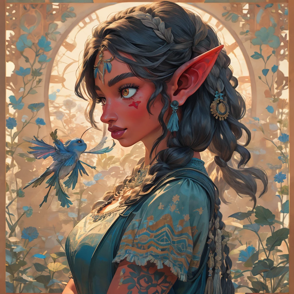 Create an illustrated, hand-drawn, full-color masterpiece with warm lighting and shadows. Incorporate graphite shading, stencil marks, and airbrushed acrylic paint in the style of "Breath of the Wild." The image should feature a beautiful goblin woman with a humanoid, furry appearance. She has red skin, bright eyes, luscious lips, and a wide smile. Depict her with a perfect, symmetrical face and a curvy hourglass figure with large breasts. She is wearing a long flowing lacey dress with a high neck and long billowing skirts. The background should be detailed and sharp, adding to the overall high-resolution, best quality, and detailed art piece. her face, neck and arms are covered in intricate blue tattoos, that add mythic beauty to her.