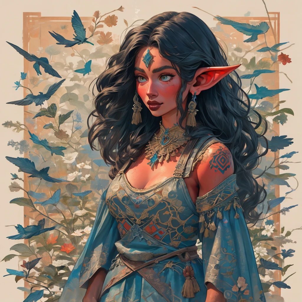 Create an illustrated, hand-drawn, full-color masterpiece with warm lighting and shadows. Incorporate graphite shading, stencil marks, and airbrushed acrylic paint in the style of "Breath of the Wild." The image should feature a beautiful goblin woman with a humanoid, furry appearance. She has red skin, bright eyes, luscious lips, and a wide smile. Depict her with a perfect, symmetrical face and a curvy hourglass figure with large breasts. She is wearing a long flowing lacey dress with a high neck and long billowing skirts. The background should be detailed and sharp, adding to the overall high-resolution, best quality, and detailed art piece. her face, neck and arms are covered in intricate blue tattoos, that add mythic beauty to her.
