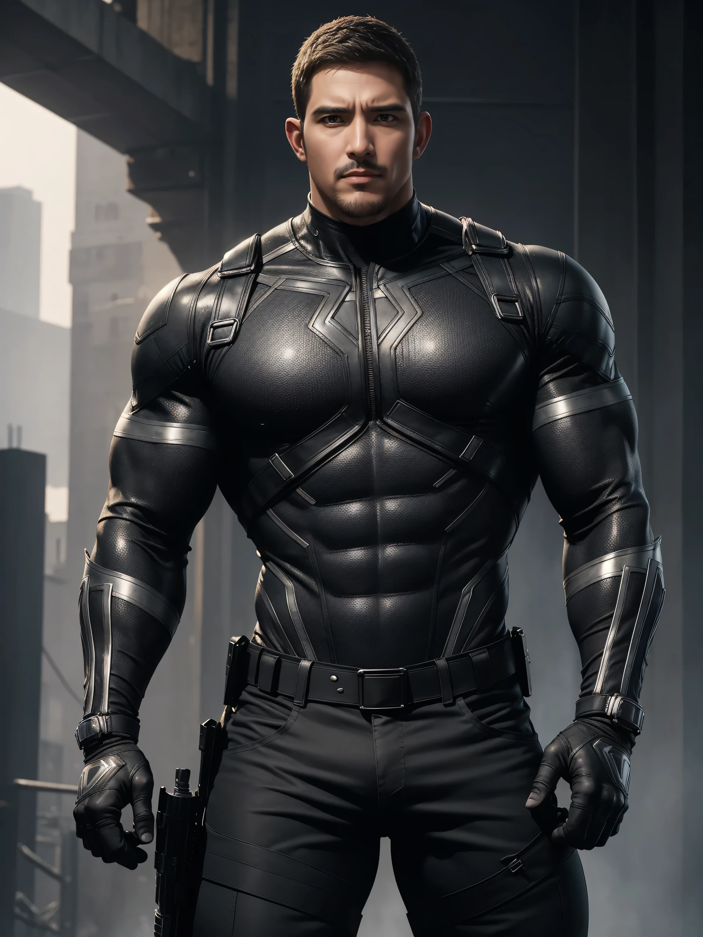 One Tall giant muscular police officer, Buzz Cut,On the old-style outdoor streets, Wear long-sleeved grey-brown superhero Black Panther bodysuit, Black denim fabric texture,The expression is arrogant, Lift your chin, Messy hair, Thick thighs, High Neck Long Sleeve Gray Brown Superhero Bodysuit, very tight, Regular symmetrical pattern, Highlight muscles, Police uniform pants, character concept(Resident Evil - Chris Redfield, Chris Redfield)A proud expression, Deep and charming eyes, Heroic male pose, tall Burly, muscular!muscular thighs, tough guy, perfect facial features, High, Burly, Heqiang, Super polished and cool, High Resolution Committee, Charismatic, The sun is blazing, dazzling