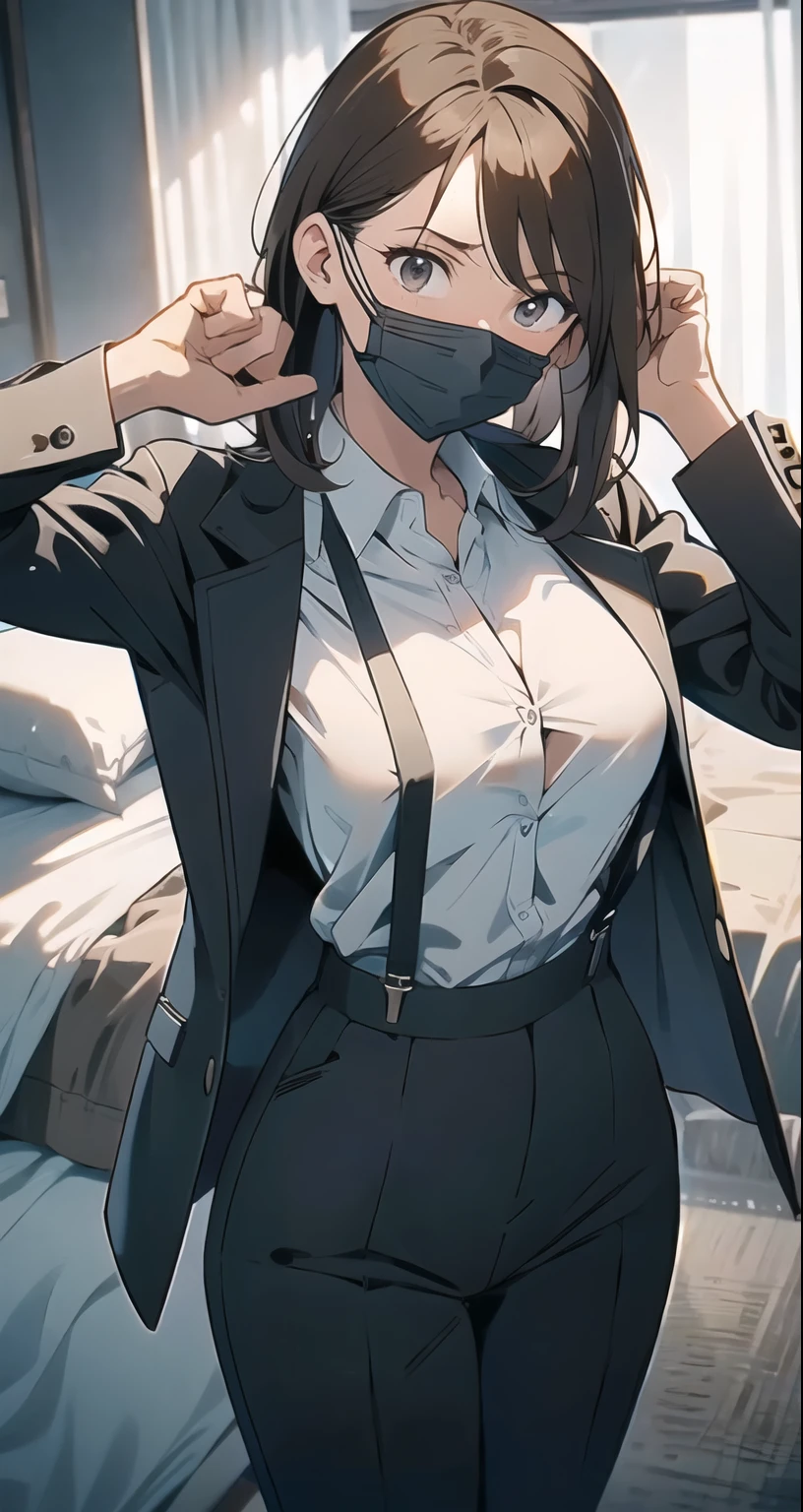 Brown Hair、Staring at the audience　　　Black suspenders　　　bulging big breasts　　 　 　　　wall: 　Black pantsuit　　　　　　sight　　　Small face　 　　　holster　　　Beautiful woman　　Show your hand　　 　sight 　　Taunt　side　sideSweat 　arm　Dress shirt　Black Suit　ベルト wall際　Put your hands up　Both hands above head　脇Sweat　On the bed　Sweat　summer　mask