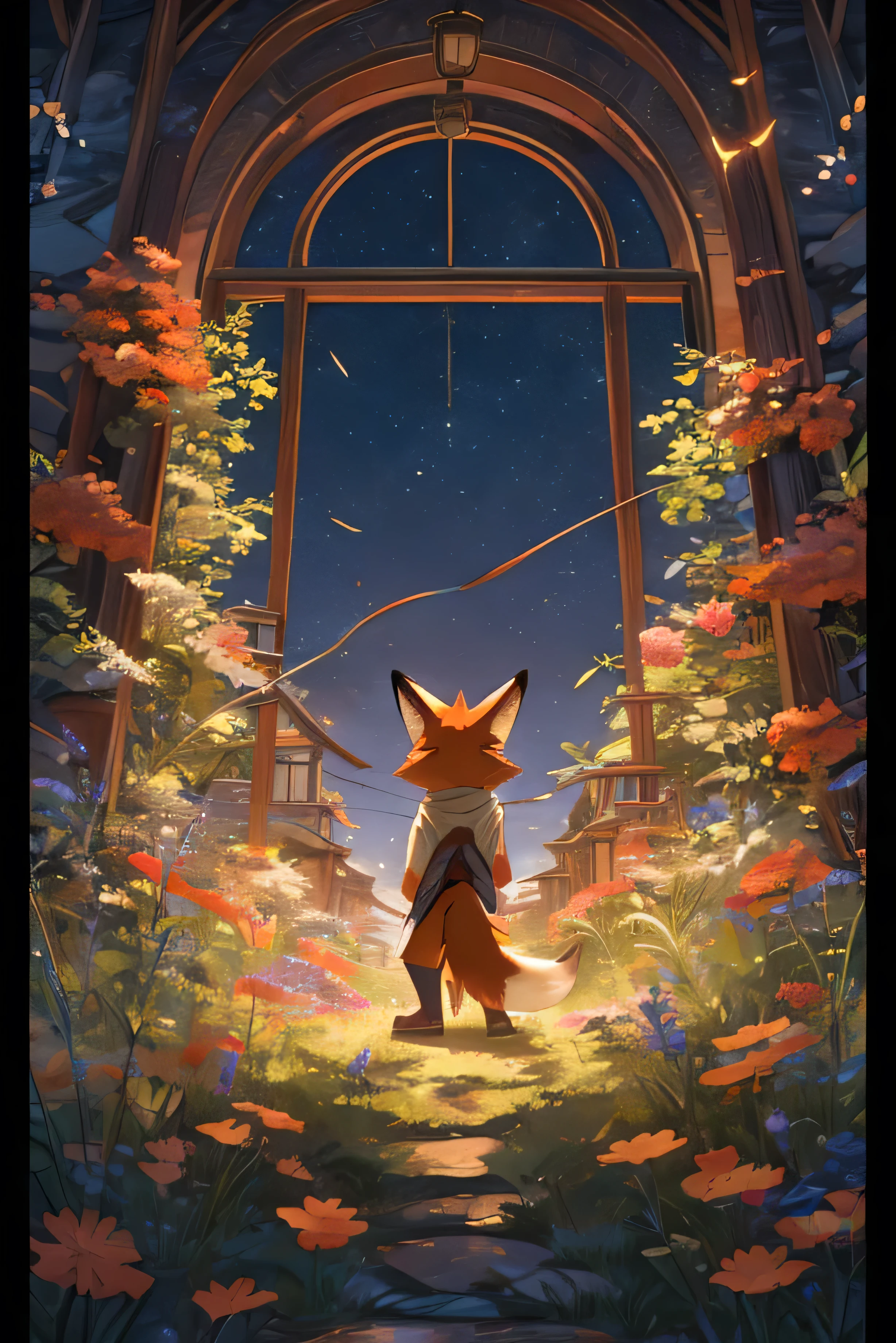 Create an image with a sly fox occupying 70% of the canvas. Position the fox centrally, with large, expressive eyes conveying its cunning nature and a playful smirk on its face. Use smooth, flowing lines to outline the sleek, agile body, adding fine details to the fur texture, especially around the face, ears, and tail. The fur should be a vibrant reddish-brown with white accents, highlighted by soft, natural lighting to create depth. Keep the background simple but detailed, with elements like grass, leaves, and small flowers, using a color palette that complements the fox. Add a subtle magical touch, such as a slight glow around the fox or a few fireflies, to capture the enchanting feel of Studio Ghibli.