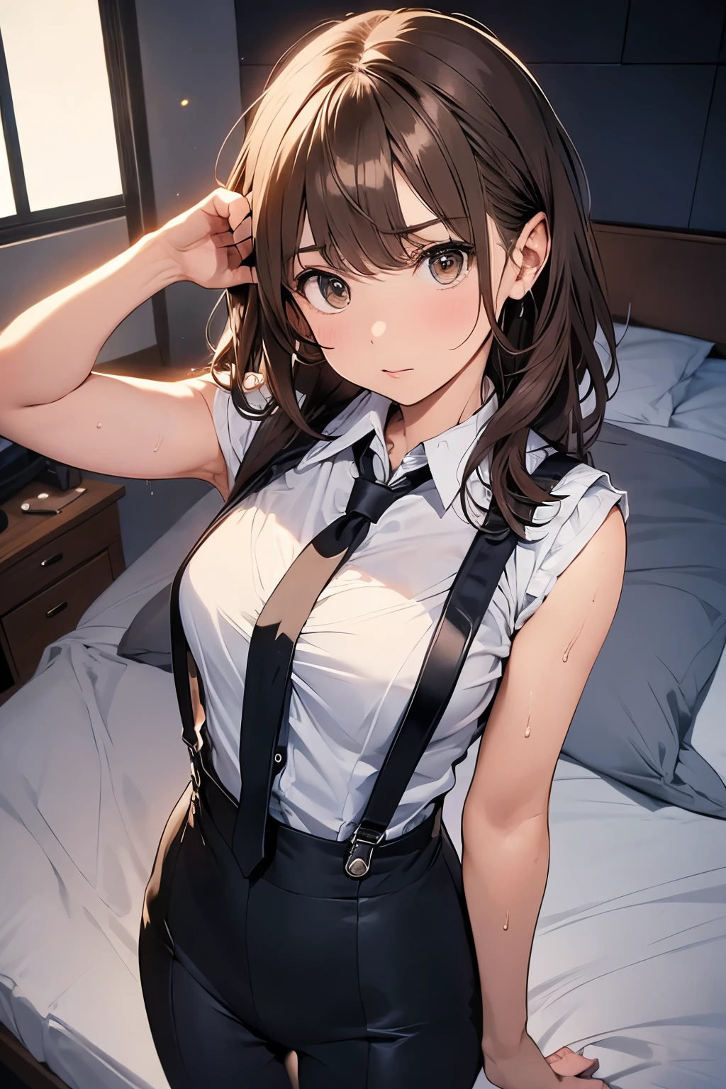 Brown Hair、Staring at the audience　　　Black suspenders　　　bulging big breasts　　 　 　　　wall: 　Black pantsuit　　　　　　sight　　　Small face　 　　　holster　　　Beautiful woman　　Show your hand　　 　sight 　　Taunt　side　side汗 　arm　Dress shirt　Black Suit　ベルト wall際　Put your hands up　Both hands above head　Armpit sweat　On the bed