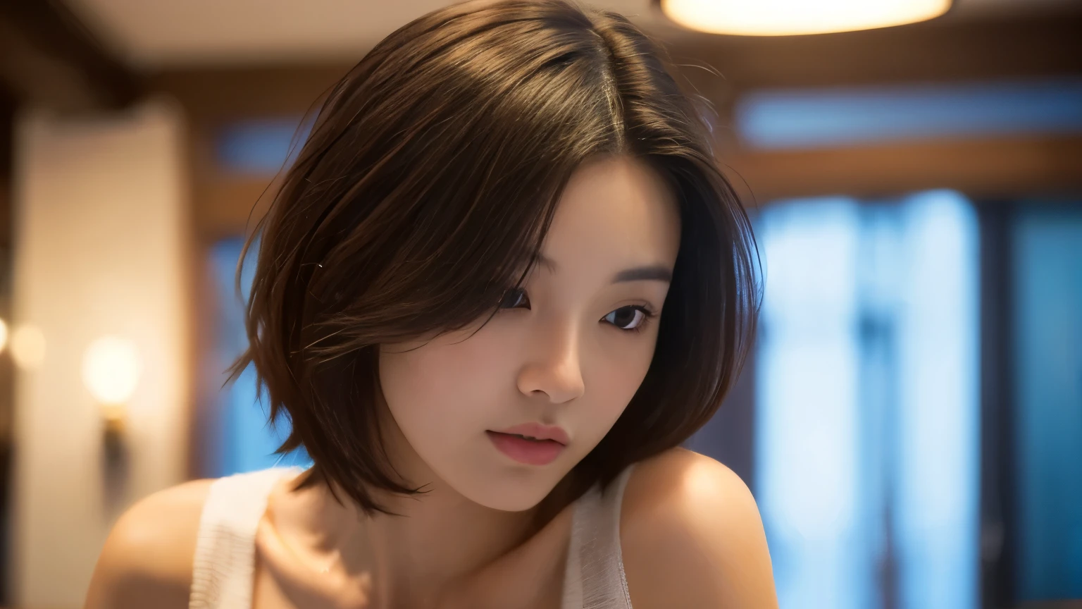 (highest quality、8K、32k、masterpiece、nffsw:1.2)、cute japanese women photos、big and full breasts、very short bobbed hair、Upper body、surface focus、extra large_sweater、necklace、Background of the café、From above、Viewer looking x4、(8K、RAW photo、highest quality、masterpiece:1.2)、(realistic、Photoreal:1.37)、1 girl、cute、professional lighting、photon mapping、Physically based rendering、gradient brunette hair、short curly hair、Handsome、girly、excellent image quality、High resolution、1080p、(clean face)、(Detailed facial description)、(Detailed hand explanation)、(Masseter muscle part)、(Detailed CG)、 extreme light and shadow、hair is dirty、masterpiece、rich details、(exquisite features)、(best image quality)、(masterpiece)、(detailed eye)、looking forward to your eyes、delicate clavicle、Various poses、Don'don't watch the mela、profile、Photographed inside the cafe、Spring clothes、simple necklace、light blue knit