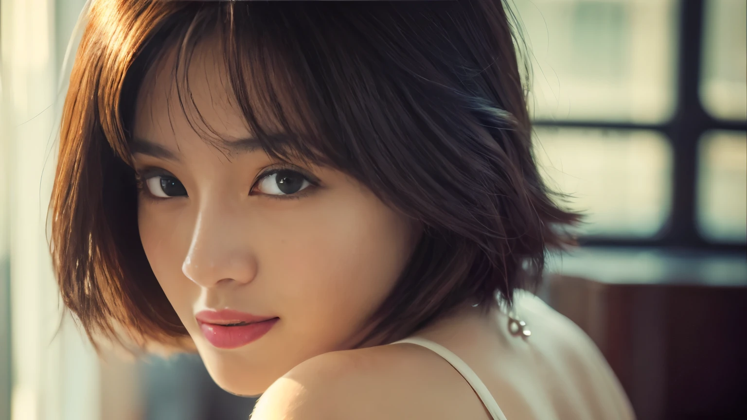 (highest quality、8K、32k、masterpiece、nffsw:1.2)、cute japanese women photos、big and full breasts、very short bobbed hair、Upper body、surface focus、extra large_sweater、necklace、Background of the café、From above、Viewer looking x4、(8K、RAW photo、highest quality、masterpiece:1.2)、(realistic、Photoreal:1.37)、1 girl、cute、professional lighting、photon mapping、Physically based rendering、gradient brunette hair、short curly hair、Handsome、girly、excellent image quality、High resolution、1080p、(clean face)、(Detailed facial description)、(Detailed hand explanation)、(Masseter muscle part)、(Detailed CG)、 extreme light and shadow、hair is dirty、masterpiece、rich details、(exquisite features)、(best image quality)、(masterpiece)、(detailed eye)、looking forward to your eyes、delicate clavicle、Various poses、Don'don't watch the mela、profile、Photographed inside the cafe、Spring clothes、simple necklace、light blue knit