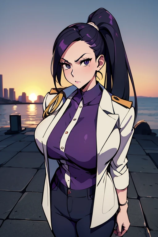 masterpiece, best quality, miss valentine, black eyes, folded ponytail, white coat, coat on shoulders, epaulettes, purple shirt, blue pants, upper body, looking at viewer, large breasts, ocean, city ,(hd), (full body shot), (high resolution)