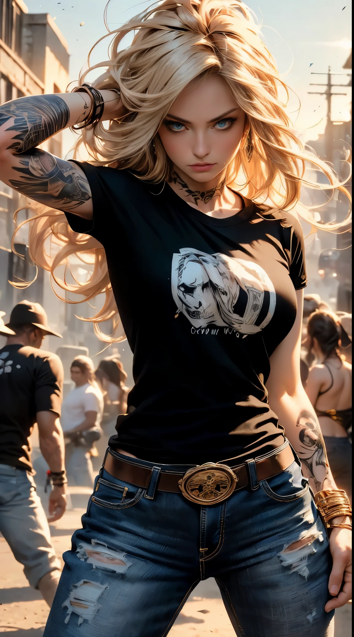 masterpiece, Cowboy shot, (1woman), (golden hairs), (Black tshirt:1.2), (beautiful blue eyes), (tribal tattoo on hands), White, Orange and Blue colors, Foggy background, Graceful pose, (looking at viewer), (front view), (from sky), (bokeh:1.2)