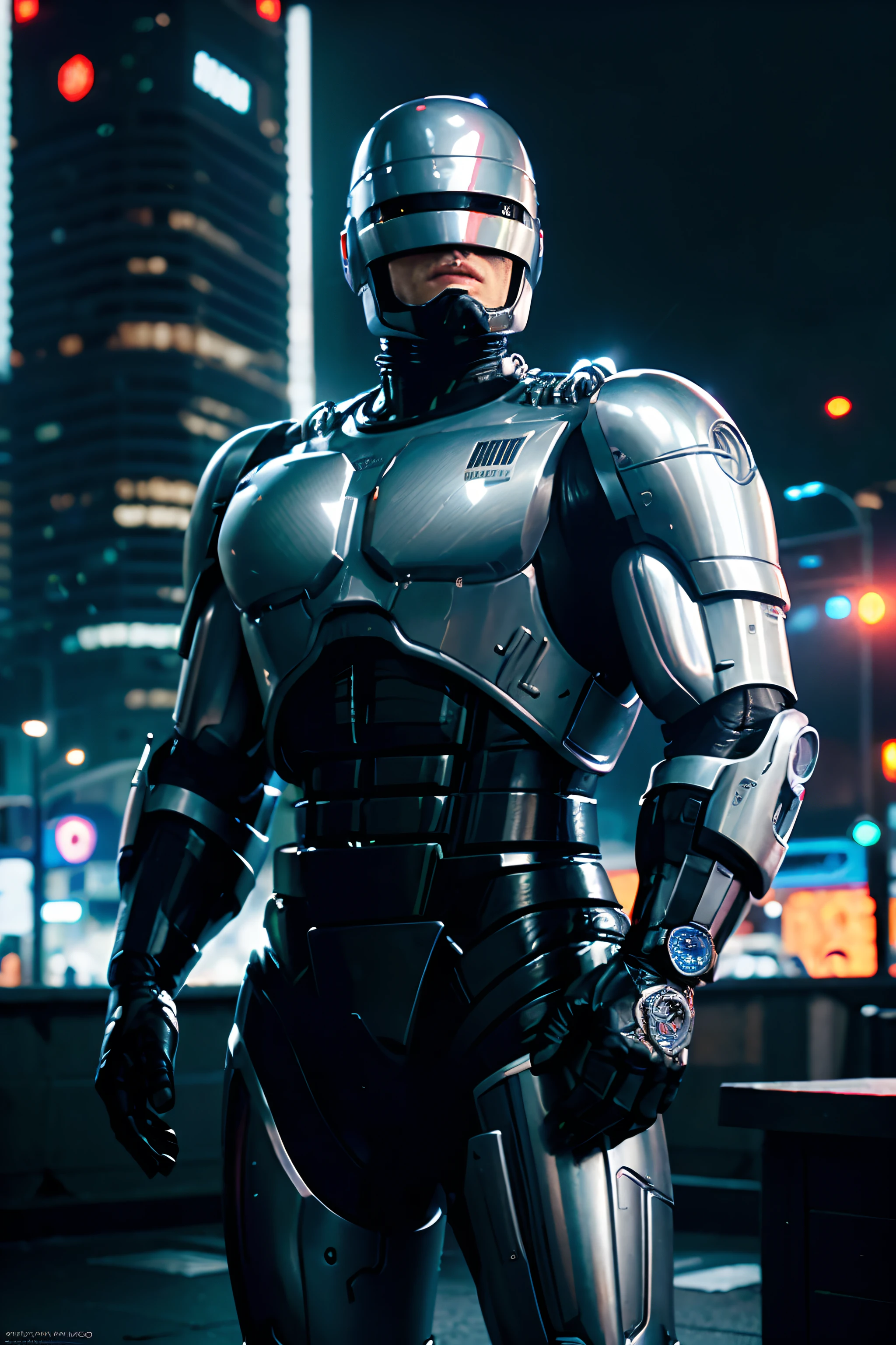 Ben Affleck como Robocop, vestindo armadura completa do Robocop, luzes brilhantes, (dynamic pose), (hyper realista:1.4), (realista:1.3), (pele com textura real da melhor qualidade), corpo todo, (cinematic light), pele altamente detalhada, poros da pele, (rosto altamente detalhado:1.1), (olhos altamente detalhados:1.1), realista pupils, (Anatomia perfeita:1.1), (perfect proportions:1.1), (fotografia:1.1), (photorealista:1.1), volumetric lighting, dynamic lighting, sombras reais, (high resolution:1.1), sharp focus, Luz do dia, (realista, hyperrealista:1.4), intricado, alto detalhe, dramatic, underground dispersal, grande profundidade de campo, vivid, Polido, afiado, ((totalmente afiado)), (extremamente absurdos),8k HDR, Chicago cyberpunk police station background,