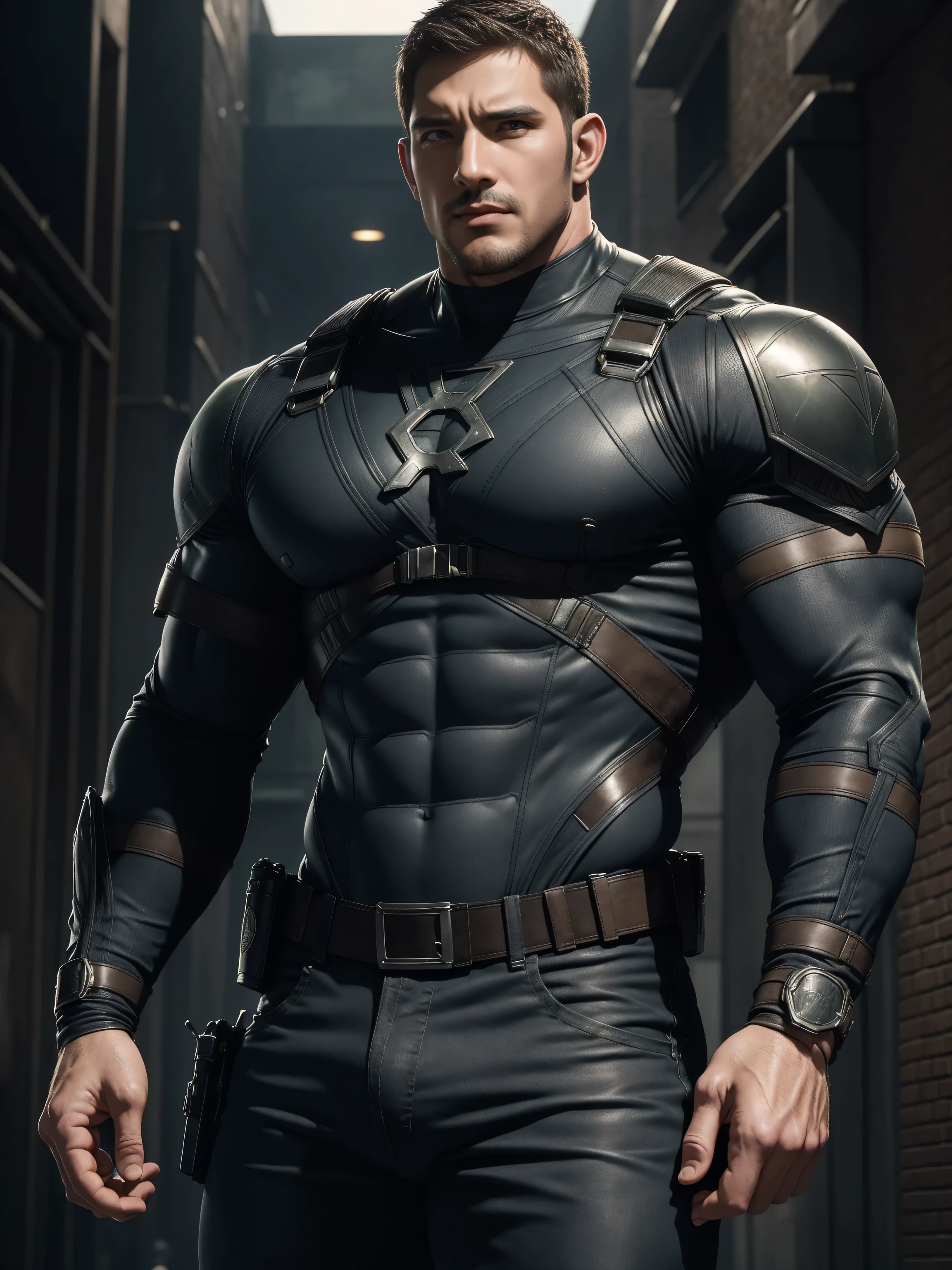 One Tall giant muscular police officer, Buzz Cut,On the old-style outdoor streets, Wear a long-sleeved brown superhero Black Panther bodysuit, Brown denim fabric texture,The expression is arrogant, Lift your chin, Messy hair, Thick thighs, High Neck Long Sleeve Gray Brown Superhero Bodysuit, very tight, Regular symmetrical pattern, Highlight muscles, Police uniform pants, character concept(Resident Evil - Chris Redfield, Chris Redfield)A proud expression, Deep and charming eyes, Heroic male pose, tall Burly, muscular!muscular thighs, tough guy, perfect facial features, High, Burly, Heqiang, Super polished and cool, High Resolution Committee, Charismatic, The sun is blazing, dazzling