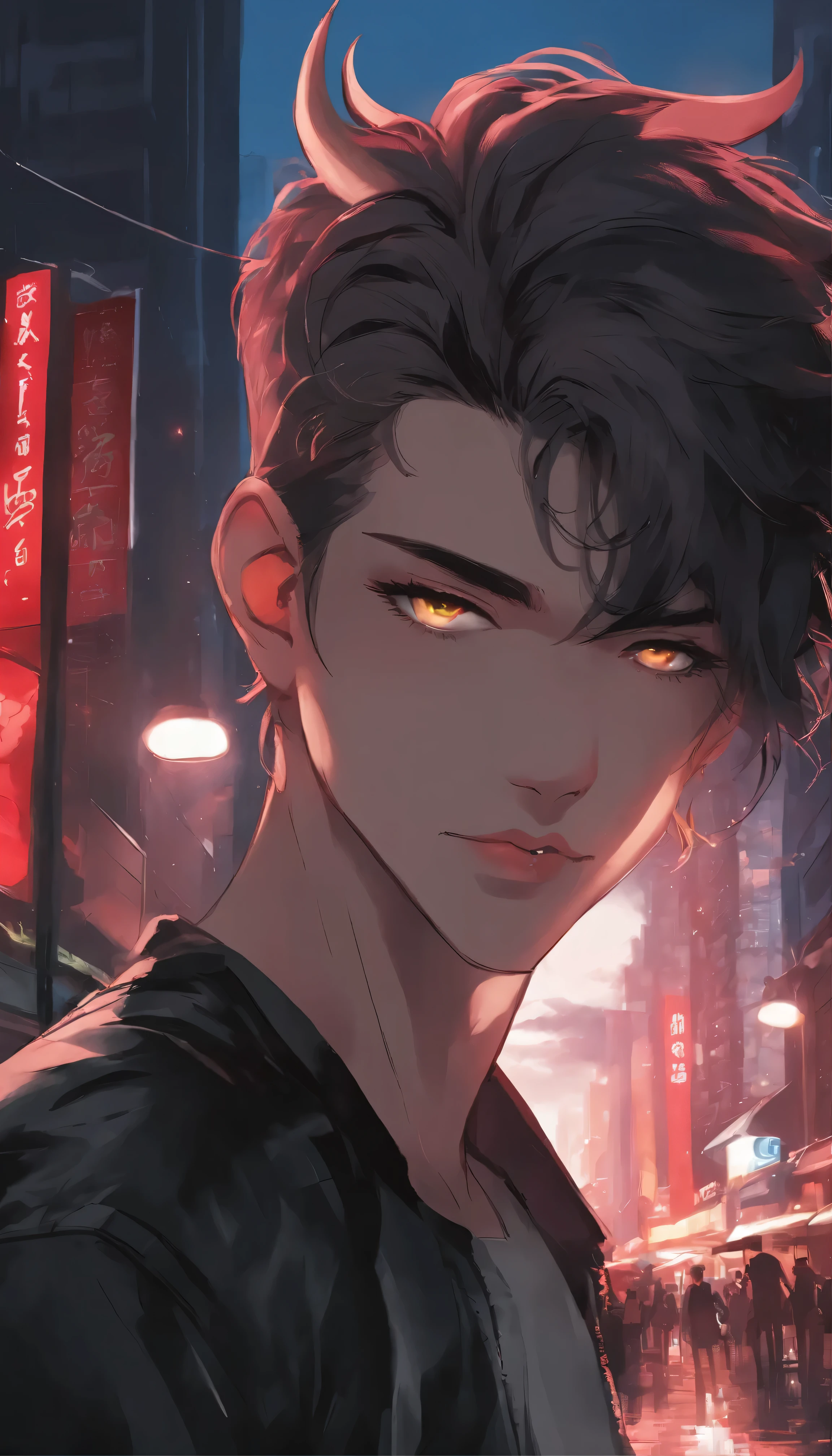 (masterpiece、vivid、High resolution)An illustration、 1boy、solo、((Stylization:1、Manga style:1))、western manga、 Devil Boy with Horns、Portraiture、smile、 spike、cute、Pink Lips、Red and green eyes、Young Adults、 Cyberpunk streetwear with neon accents、 Rainy skies overhead、Red-hued cityscape in the background、 Look straight at the viewer、 Bright colors contrast with the gloomy weather、 Daytime scene、 ((front:3)、Closed Mouth、Thick line drawing:0