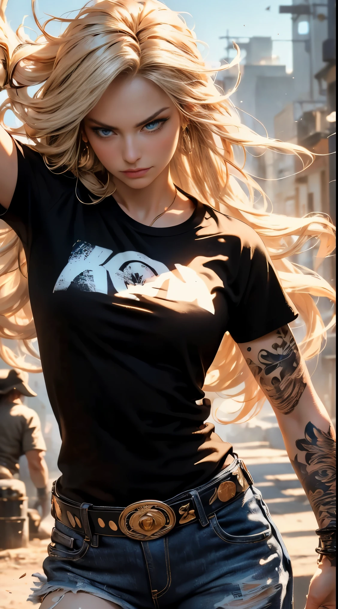 masterpiece, Cowboy shot, (1woman), (golden hairs), (Black tshirt:1.2), (beautiful blue eyes), (tribal tattoo on hands), White, Orange and Blue colors, Foggy background, Graceful pose, (looking at viewer), (front view), (from sky), (bokeh:1.2)