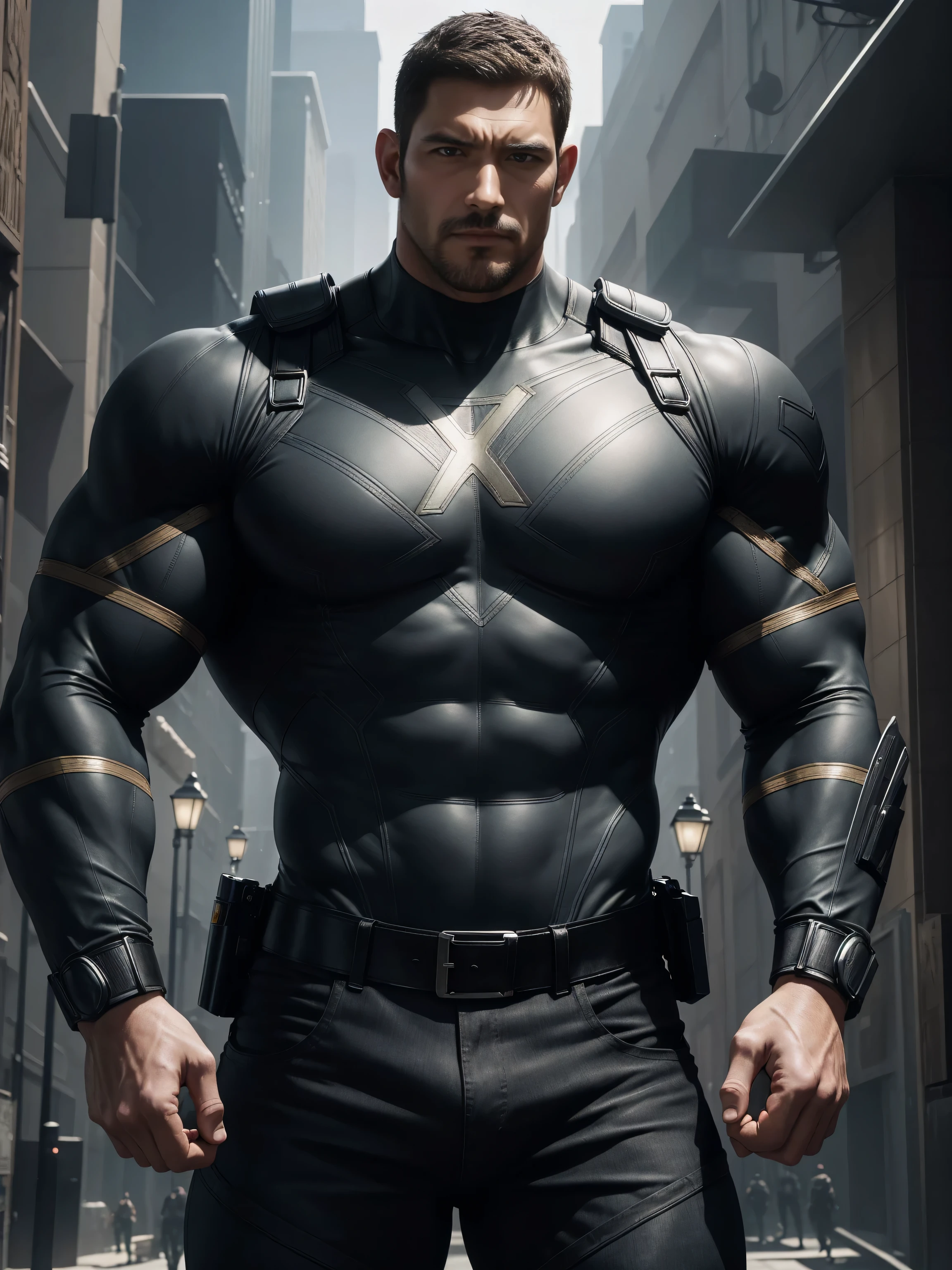 One Tall giant muscular police officer,  Buzz Cut，On the old-style outdoor streets, Wear a long-sleeved brown superhero Black Panther bodysuit, Brown denim fabric texture，The expression is arrogant, Lift your chin, Messy hair, Thick thighs, High Neck Long Sleeve Gray Brown Superhero Bodysuit, very tight, Regular symmetrical pattern, Highlight muscles, Police uniform pants, character concept（Resident Evil - Chris Redfield, Chris Redfield）A proud expression, Deep and charming eyes, Heroic male pose, tall Burly, muscular！muscular thighs, tough guy, perfect facial features, High, Burly, Heqiang, Super polished and cool, High Resolution Committee, Charismatic, The sun is blazing, dazzling