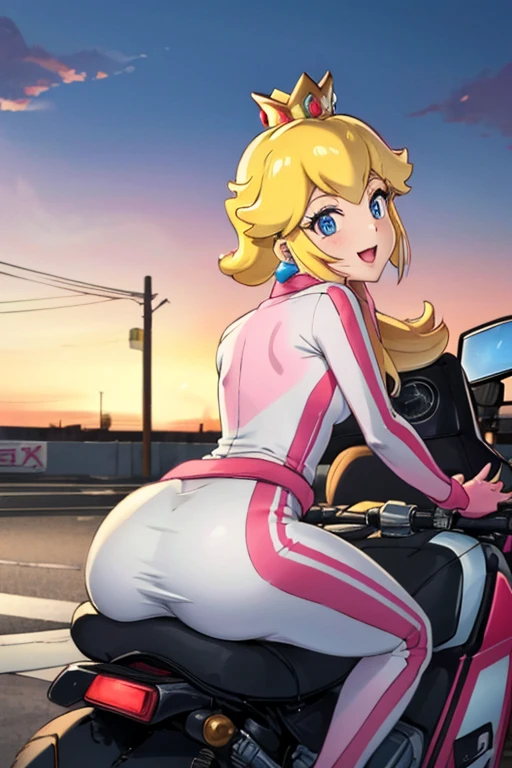 masterpiece, high quality, extremely detailed, 1girl, solo, ambient soft lighting, perfect lighting, princess_peach_mariokart_outfit, golden crown, white and pink motorcycle suit, short blonde hair, bright blue eyes, thrilled smile, cloused mouth, excited expression on face, Looking back, looking from behind, bent forward, nice booty, bent over, sitting on top of a motorcycle, riding a motorcycle, The 4k textures showcases the utmost level of detail, while the cinematic lighting adds depth and adventure to the scene
