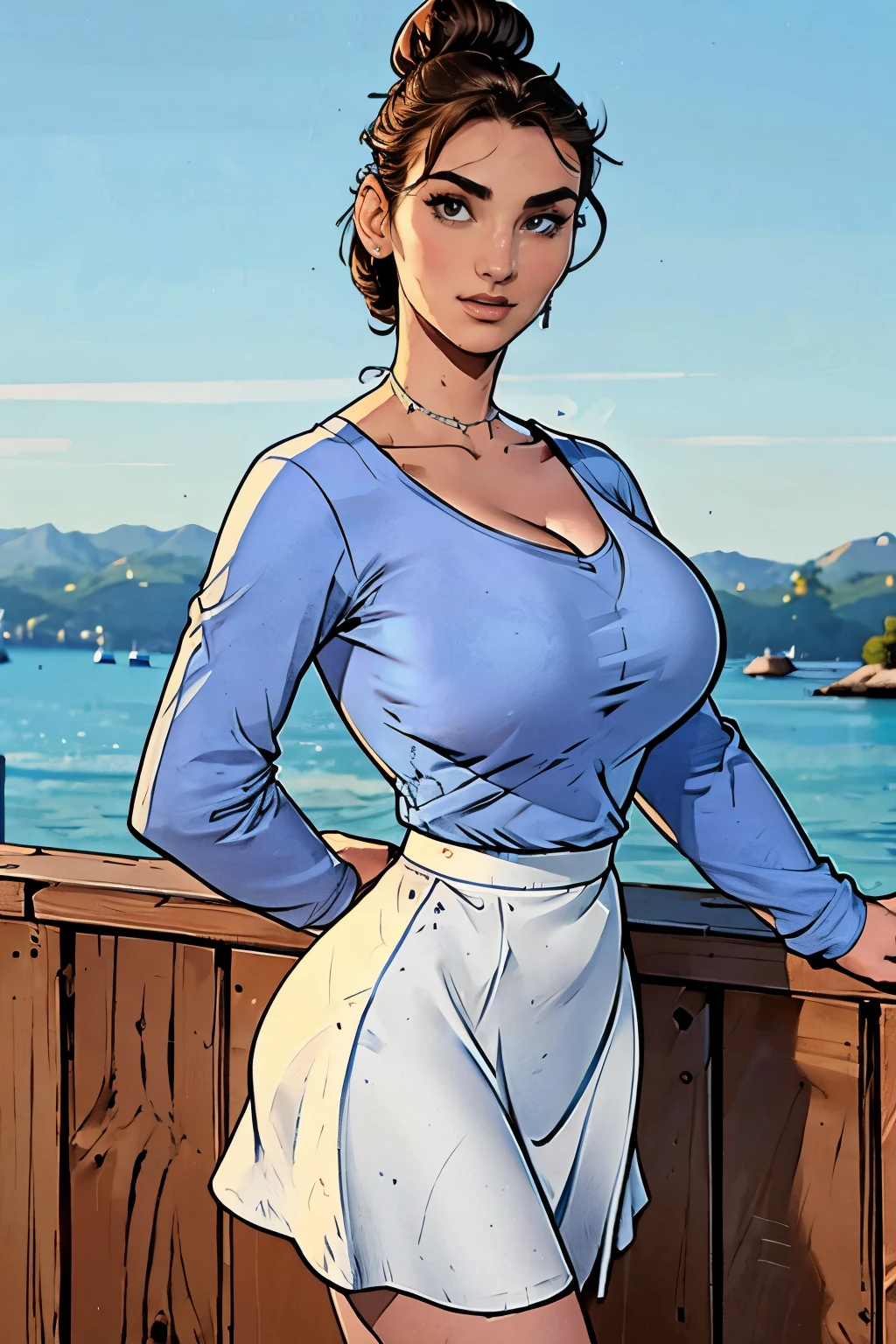Gorgeous and sultry busty athletic (happy) brunette with sharp facial features, athletic bun, large breasts and a (large nose) wearing a loose light blue top, low-cut wide neck, loose sleeves, white skirt