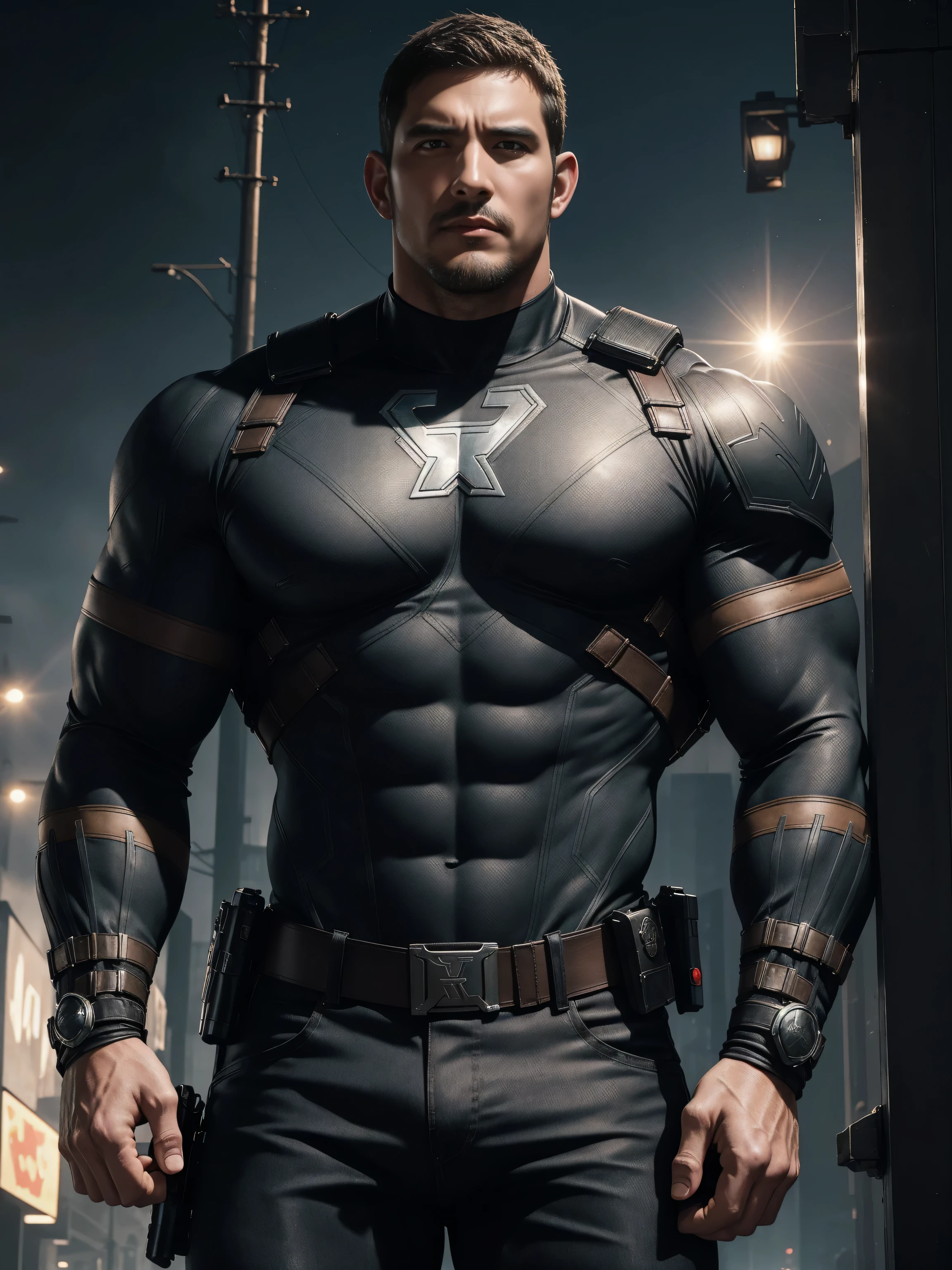 One Tall giant muscular police officer, Buzz Cut,On the old-style outdoor streets, Wear a long-sleeved brown superhero Black Panther bodysuit, Brown denim fabric texture,The expression is arrogant, Lift your chin, Messy hair, Thick thighs, High Neck Long Sleeve Gray Brown Superhero Bodysuit, very tight, Regular symmetrical pattern, Highlight muscles, Police uniform pants, character concept(Resident Evil - Chris Redfield, Chris Redfield)A proud expression, Deep and charming eyes, Heroic male pose, tall Burly, muscular!muscular thighs, tough guy, perfect facial features, High, Burly, Heqiang, Super polished and cool, High Resolution Committee, Charismatic, The sun is blazing, dazzling