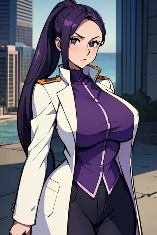 masterpiece, best quality, miss valentine, black eyes, folded ponytail, white long coat, coat on shoulders, epaulettes, purple shirt, blue pants, upper body, looking at viewer, large breasts, ocean, city ,(hd), (full body shot), (high resolution)