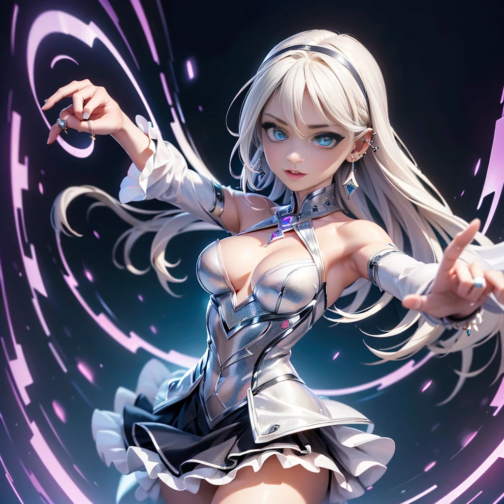 (better quality,ultra-detailed,Realistic:1.37)、Sorcière attaquante avec la magie du givre、Une femme de 38 ans、(piercing eyes:1.5)、look agressif、elegant outfit、electric arcs dance around'elle、hold a large magic scepter enchanted with frost magic,outside, battle scene against monsters, corps entier,pas de robe; lingerie couleur vive, elaborate lingerie, gros seins,