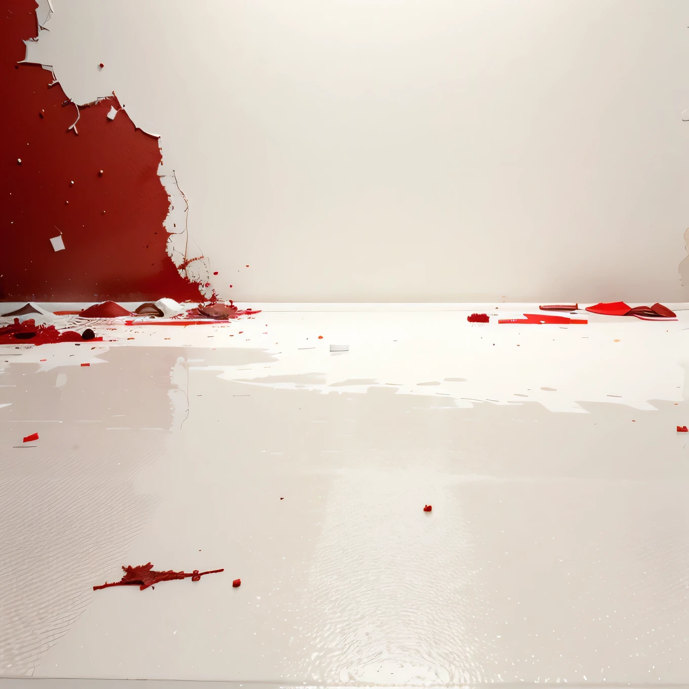 white background 3d In a distorted background and red paint on the floor running down and things decaying 3d plastic Very white background Big room 