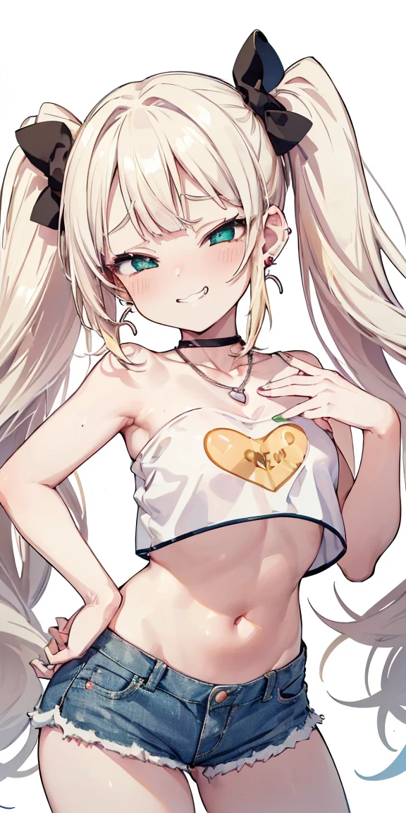 1 girl,heart-shaped pupils, hand on hips, blond hair, blonde hair, (((golden blond hair))), ((green eyes)), green colored eyes, long hair, (((long twintails))), Upper body, trembling, Sweat, Sweatdrop, heart, (speed line:1.1), ((Flat milk)), ((heavy breathing:1.3)), like, heart, mesugaki look, Yandere, ((jagged teeth)), small breasts, (((white crop top))), ((solid white crop top)), ((strapless)), midriff, ((short denim shorts)), cowboy shot, ((twin tails)), ((tsundere)), (((evil smile, mesugaki look, smile))), ((earrings)), ((silver necklace)), ((Pink bows)), simple white background, sleveless, adult