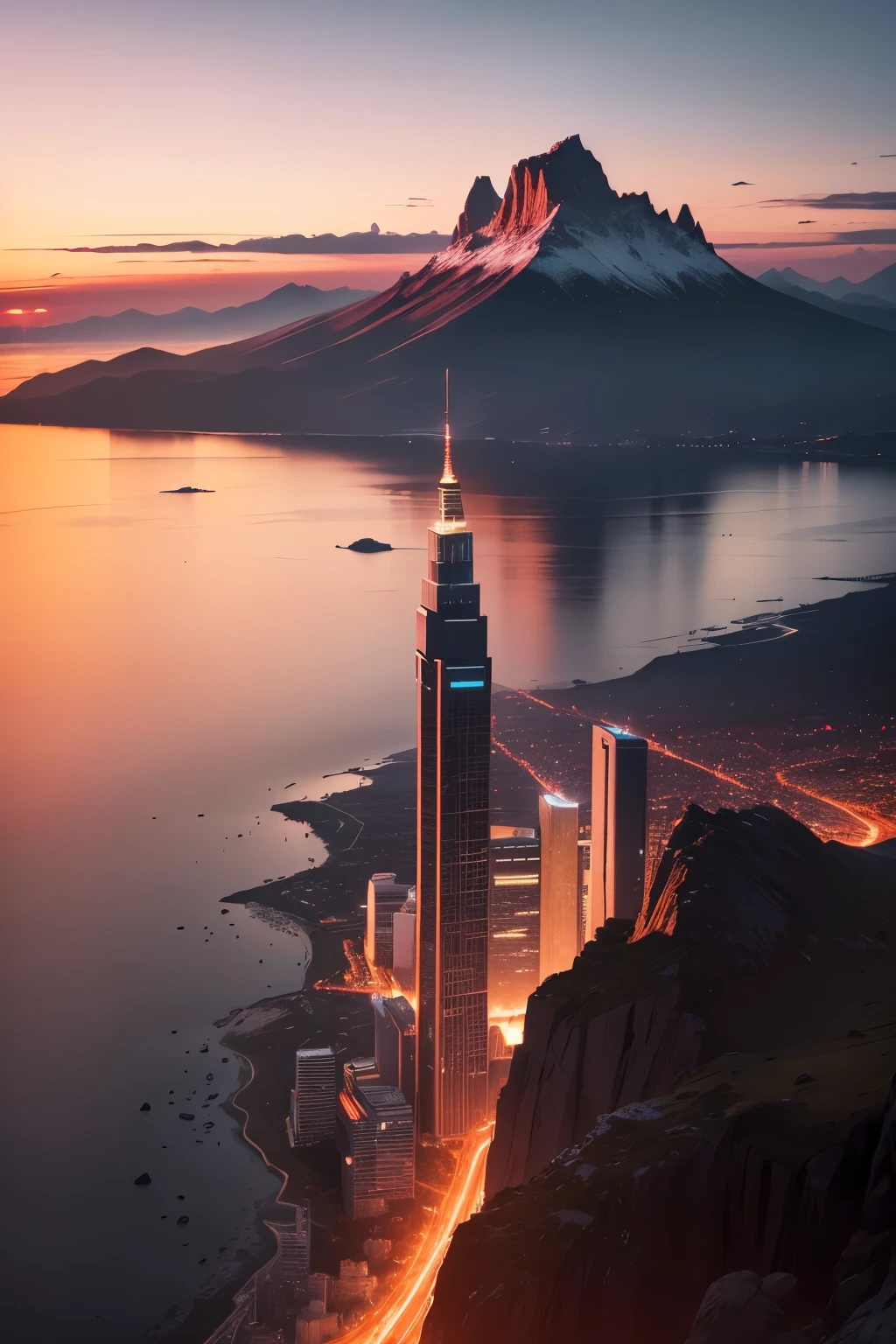At the break of dawn, perched majestically atop a towering skyscraper, a silhouette stands resolute. The crimson hues of the eastern sky gradually give way to a gentle light, heralding the arrival of a new day. The panoramic view from this vantage point offers a captivating sight: on the left, the coastline bends gently, dotted with low-rise buildings that seem insignificant against the grandeur of the distant mountains, which pierce the sky like colossal teeth.
