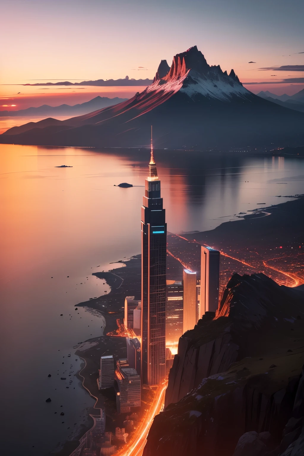 At the break of dawn, perched majestically atop a towering skyscraper, a silhouette stands resolute. The crimson hues of the eastern sky gradually give way to a gentle light, heralding the arrival of a new day. The panoramic view from this vantage point offers a captivating sight: on the left, the coastline bends gently, dotted with low-rise buildings that seem insignificant against the grandeur of the distant mountains, which pierce the sky like colossal teeth.