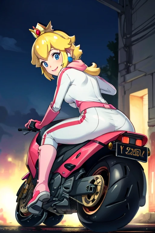 masterpiece, high quality, extremely detailed, 1girl, solo, ambient soft lighting, perfect lighting, princess_peach_mariokart_outfit, golden crown, white and pink motorcycle suit, short blonde hair, bright blue eyes, thrilled smile, cloused mouth, excited expression on face, Looking back, looking from behind, bent forward, bent over, sitting on top of a motorcycle, riding a motorcycle, The 4k textures showcases the utmost level of detail, while the cinematic lighting adds depth and adventure to the scene
