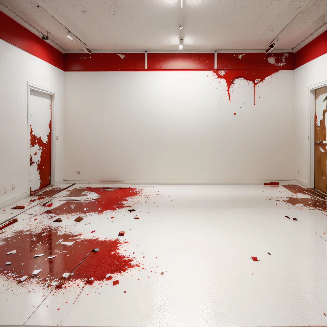 white background 3d In a distorted background and red paint on the floor running down and things decaying 3d plastic Very white background big room