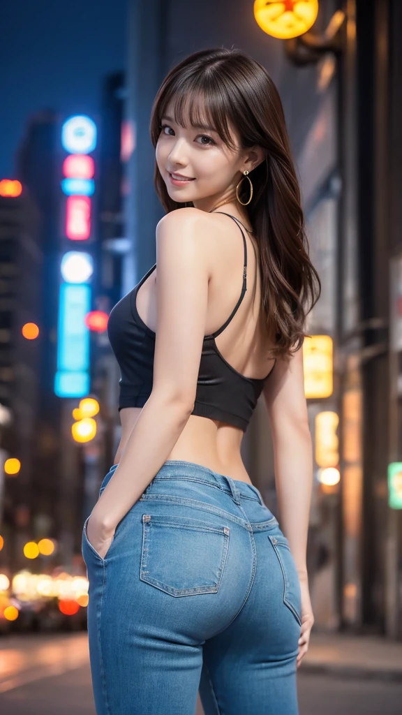 1girl, realistic, solo, (8k, best quality, masterpiece:1.2), best quality, 20years old, pretty women, cute, high detail RAW color photo, professional photograph, highly detailed background, cute girl, shiny skin, slender body, dark blown hair, smile, beautifully detailed eyes, famous Japanese idol, kawaii, necklace, earrings, full body, neon city, night city, neon sign, dynamic lighting, beautiful legs, looking at back viewer, put on big shirts, 