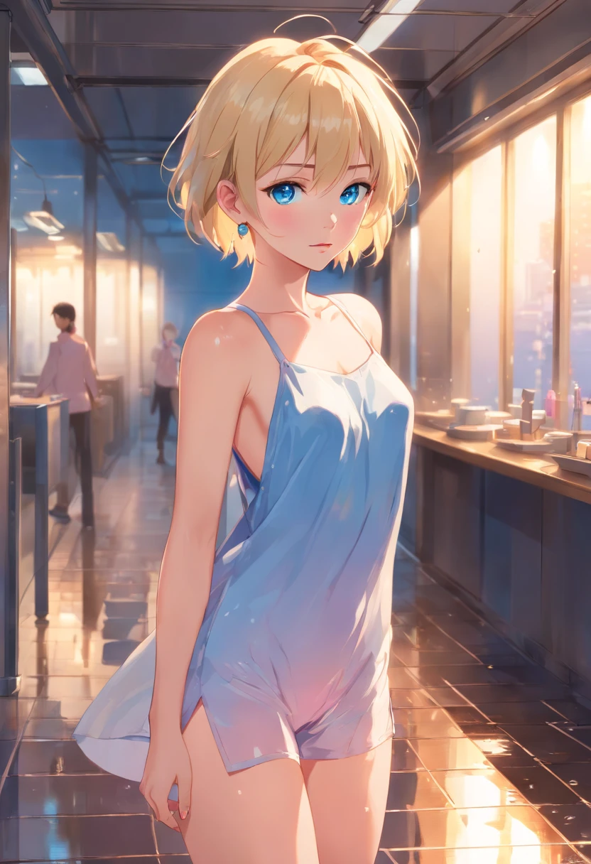 17 years old Women, ((Blonde)), ((Blue eyes)), ((Short hair)), ((Full shot)), very detailed makeup, pale pink lipstick, long earrings, bare shoulders, Posing standing super sexy and hot alone with a small sheet covering her body ((Full Body)) ((wet floor))