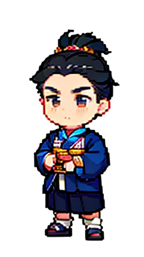 Boy in ancient Chinese costume、Intelligent boy、Looking into the camera、There is a topknot on the head、Long sleeve、Hanfu、Black Hair、Standing and posing with arms crossed、part your bangs in the middle、Pixel art、(masterpiece, highest quality, highest quality), pixel,pixel art,whole body,Romance of the Three Kingdoms characters