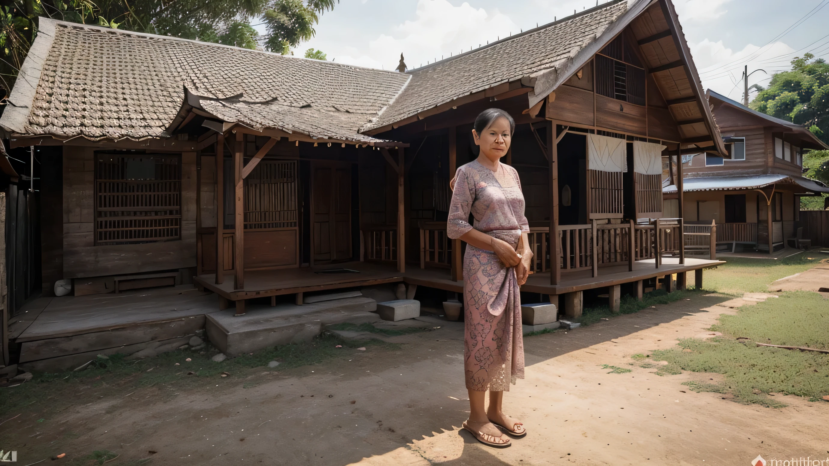 An old, kind-hearted Thai woman, 70 years old, wearing a lace-patterned shirt, wearing a sarong, standing at 45 degrees to the side. Behind is a wooden house.  ,((Realistic picture)),,((4K images)),((Awesome picture))