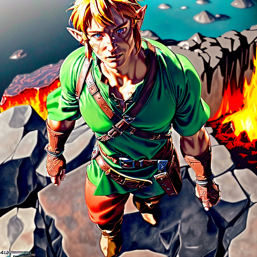 detailed face, detailed eyes, 1man, solo, standing, legend of zelda Link, red tunic, belt, fingerless gloves, boots, volcano, lava, detailed background, (best quality,4k,8k,highres,masterpiece:1.2),ultra-detailed,(realistic,photorealistic,photo-realistic:1.37),comics,photorealistic,thick outlines